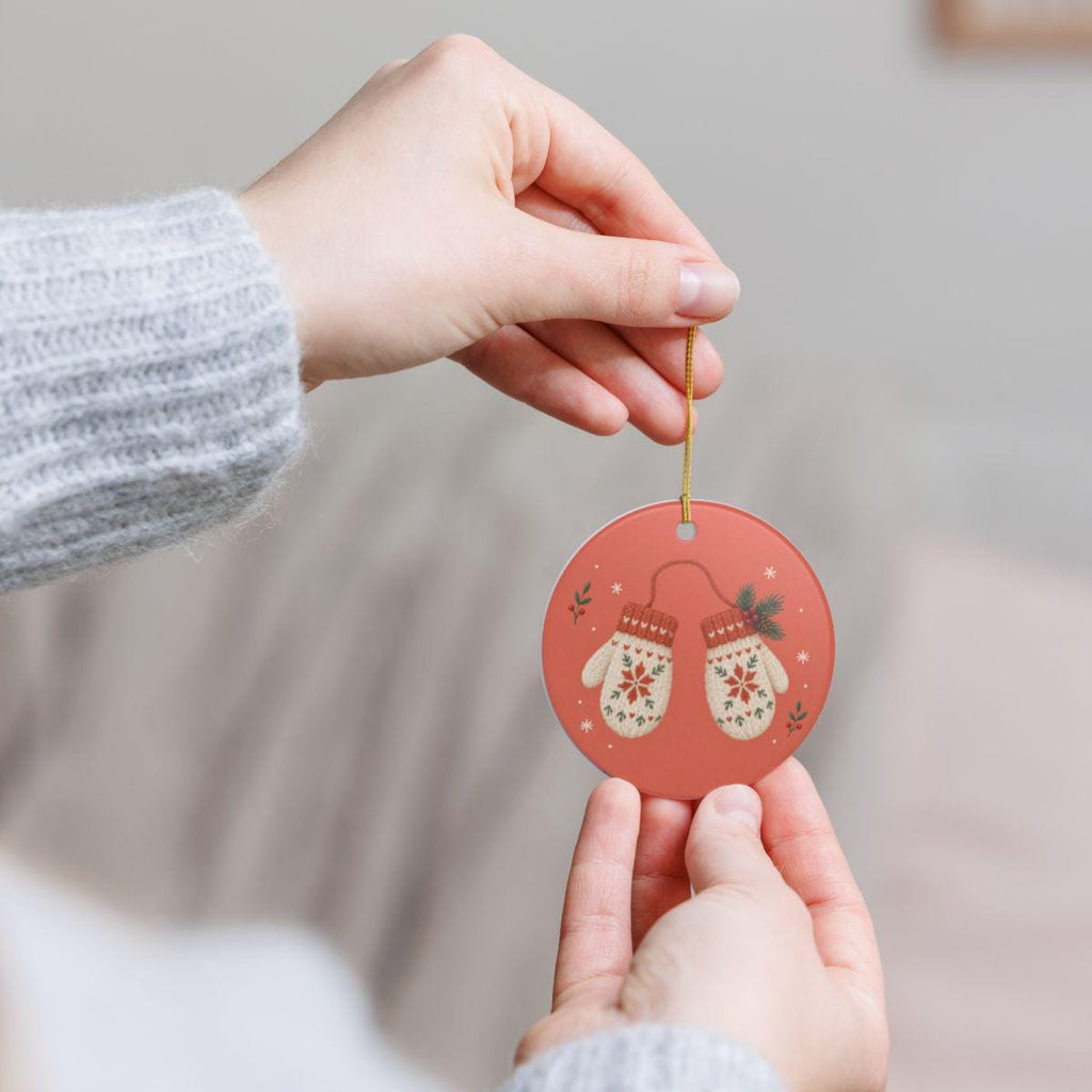 Winter Mittens Ceramic Ornament, Double Sided Round Christmas Decoration, Holiday Keepsake Gift