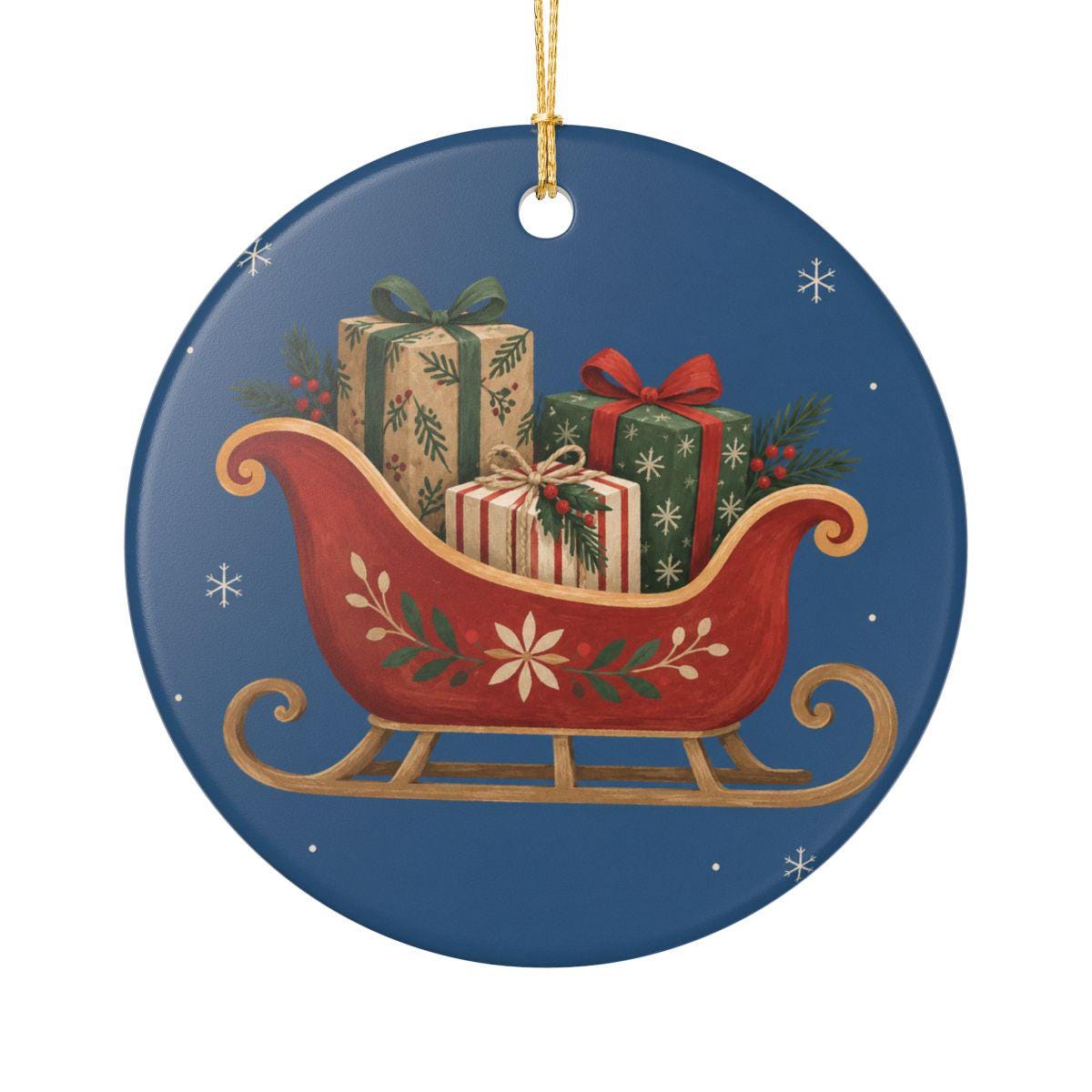 Santa Sleigh and Gifts Ceramic Ornament, Double Sided Round Christmas Decoration, Holiday Keepsake Gift