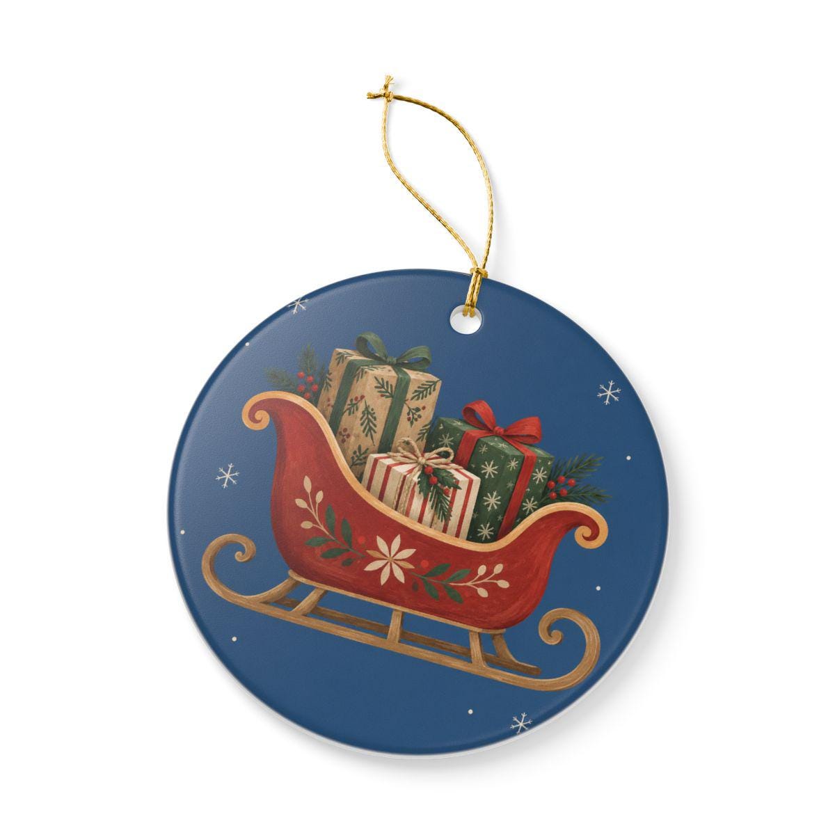 Santa Sleigh and Gifts Ceramic Ornament, Double Sided Round Christmas Decoration, Holiday Keepsake Gift