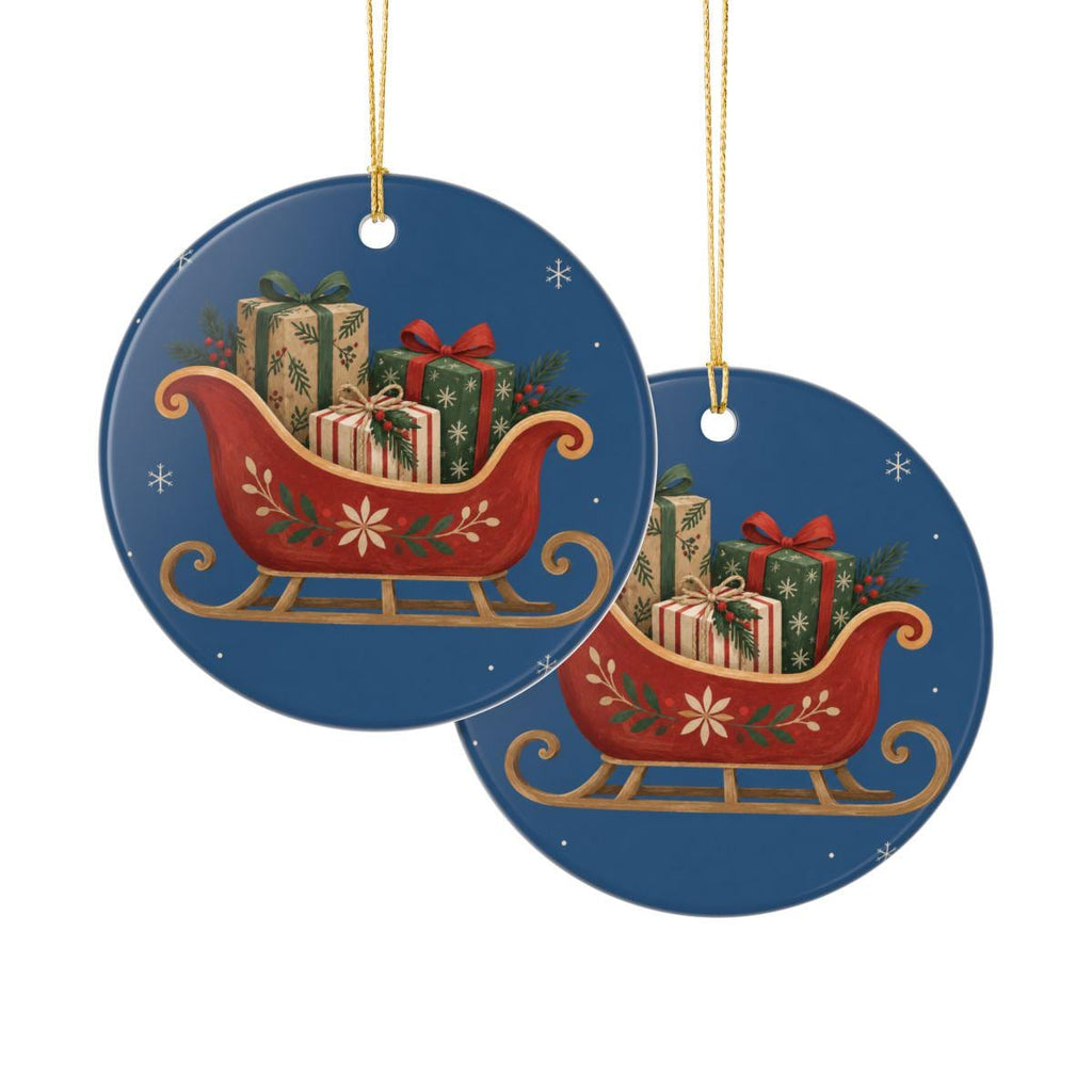 Santa Sleigh and Gifts Ceramic Ornament, Double Sided Round Christmas Decoration, Holiday Keepsake Gift