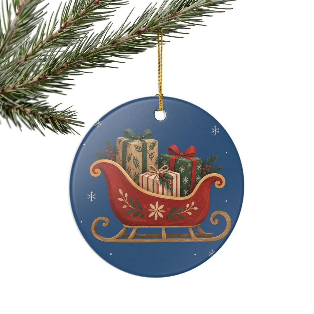 Santa Sleigh and Gifts Ceramic Ornament, Double Sided Round Christmas Decoration, Holiday Keepsake Gift