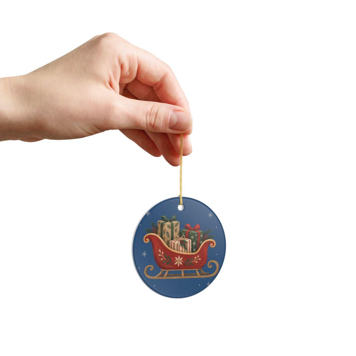 Santa Sleigh and Gifts Ceramic Ornament, Double Sided Round Christmas Decoration, Holiday Keepsake Gift
