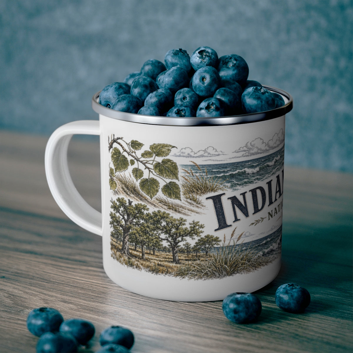 Indiana Dunes National Park enamel camping mug outdoor lifestyle scene