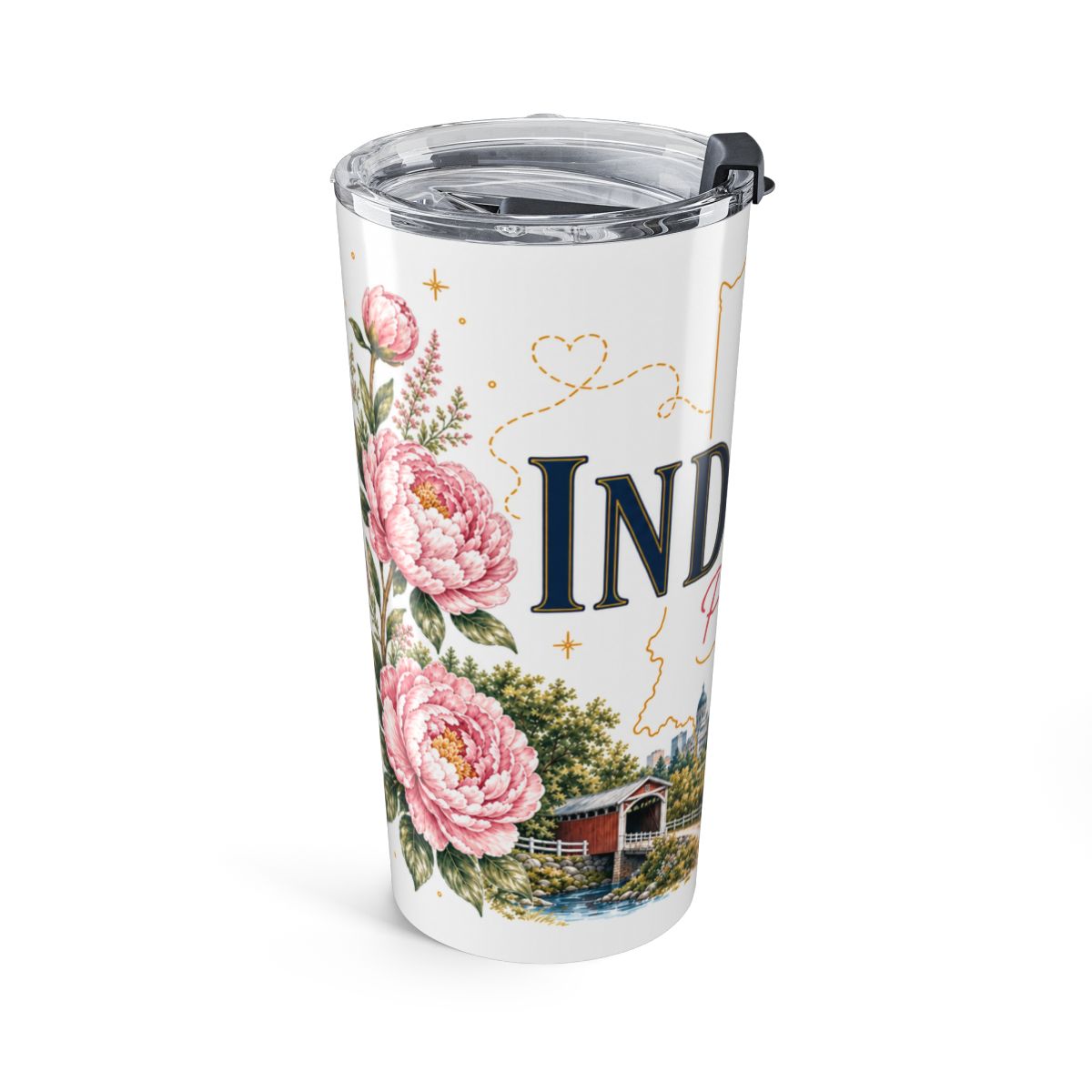Indiana State Flower Tumbler | Peony Botanical Travel Cup | 20oz Stainless Steel Gift — left