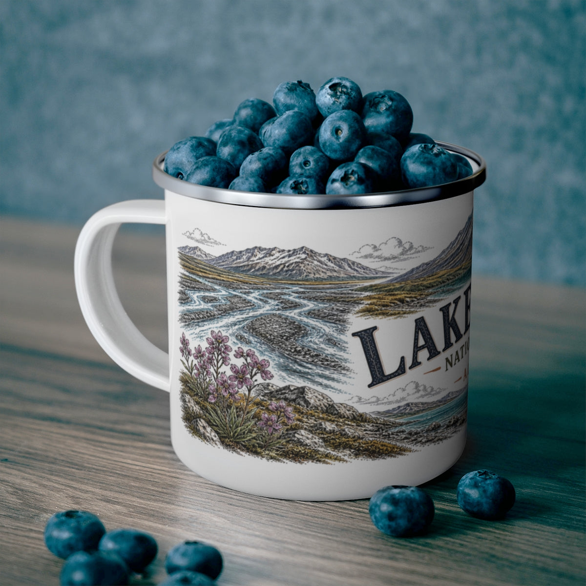 Lake Clark National Park enamel camping mug outdoor lifestyle scene