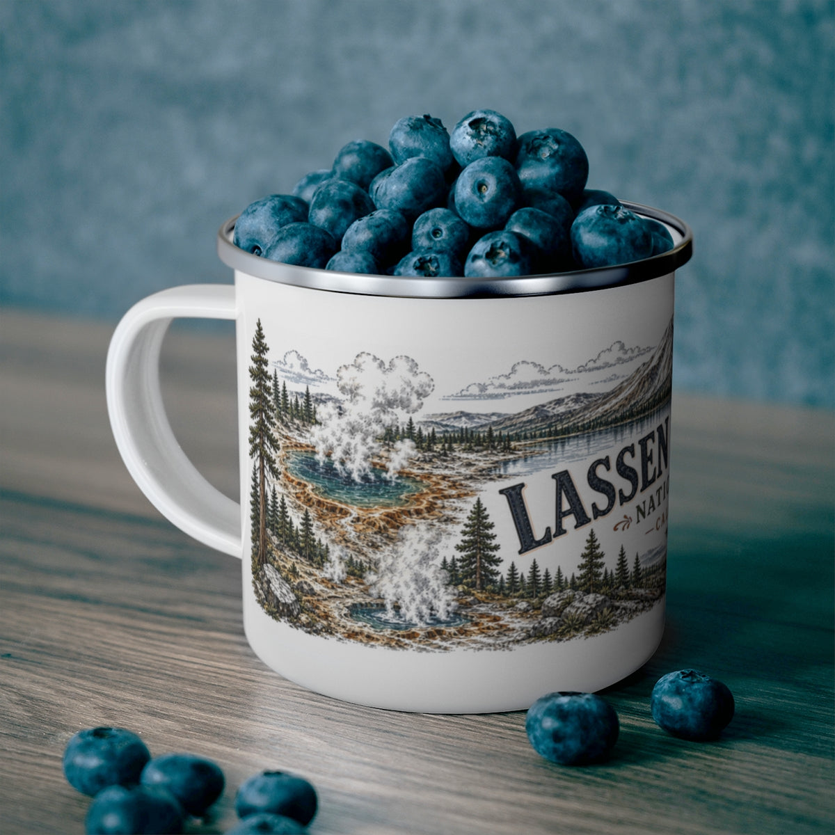 Lassen Volcanic National Park enamel camping mug outdoor lifestyle scene