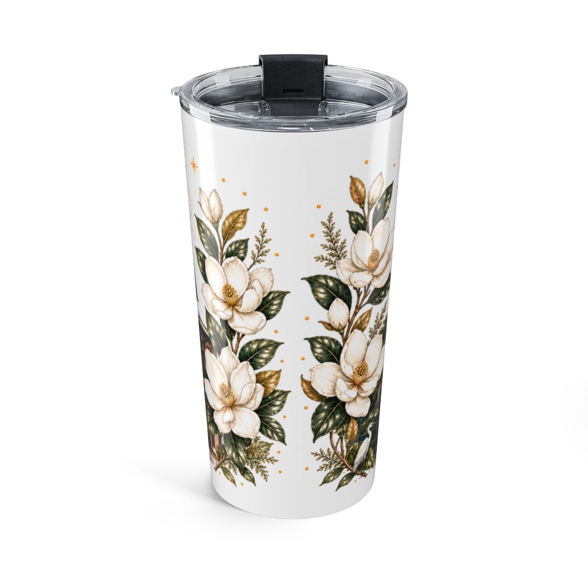Louisiana tumbler mockup showing magnolia branches on either side of the back wrap, clear lid attached