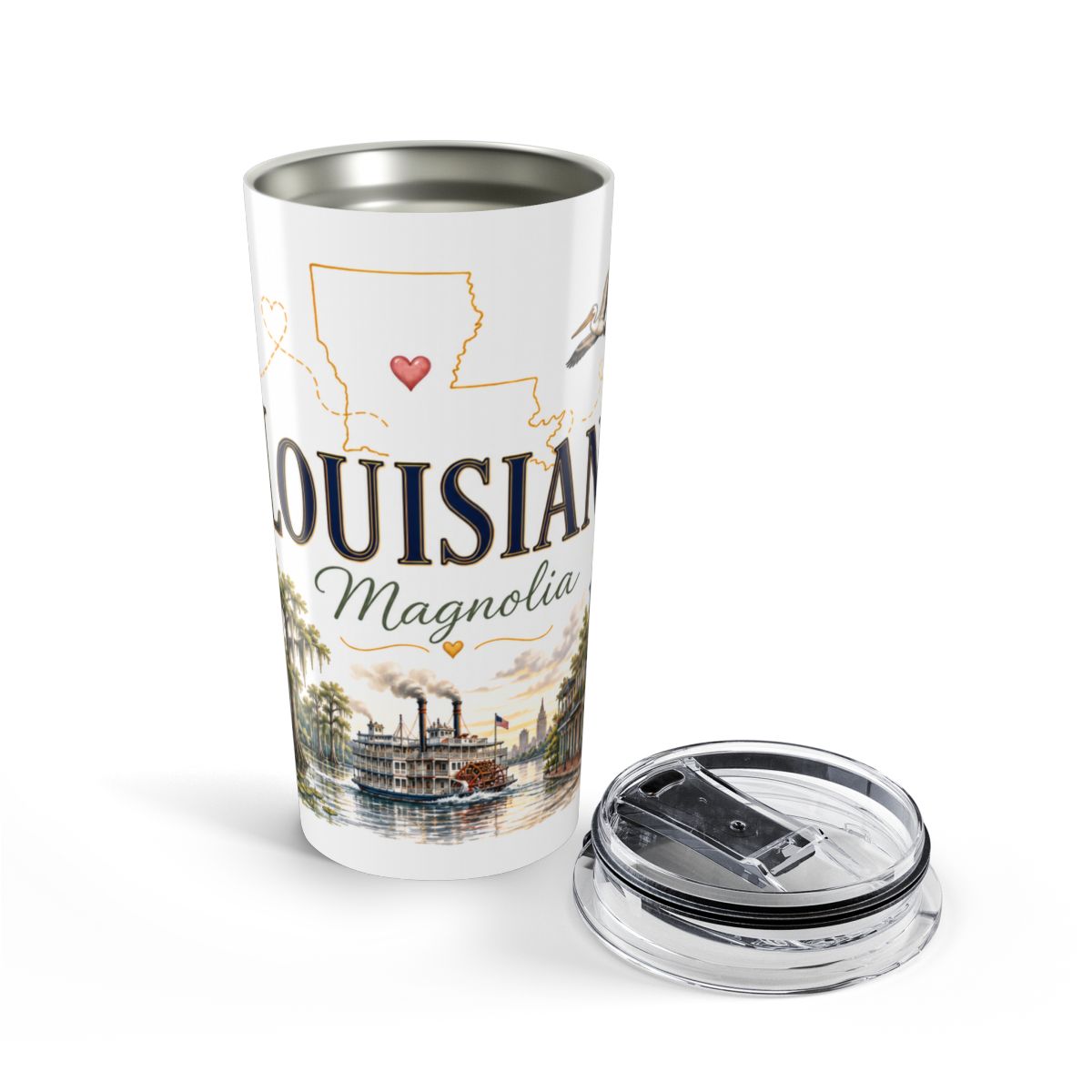 Louisiana Magnolia tumbler mockup with clear lid removed and placed beside the cup
