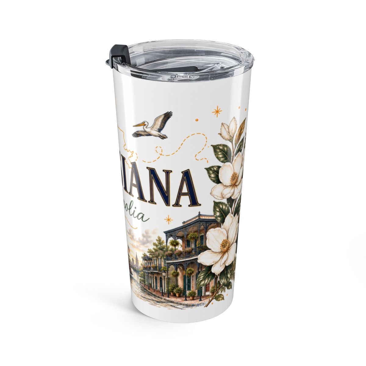 Louisiana tumbler mockup showing printed pelican, magnolia blossoms and balconied buildings, right-side view