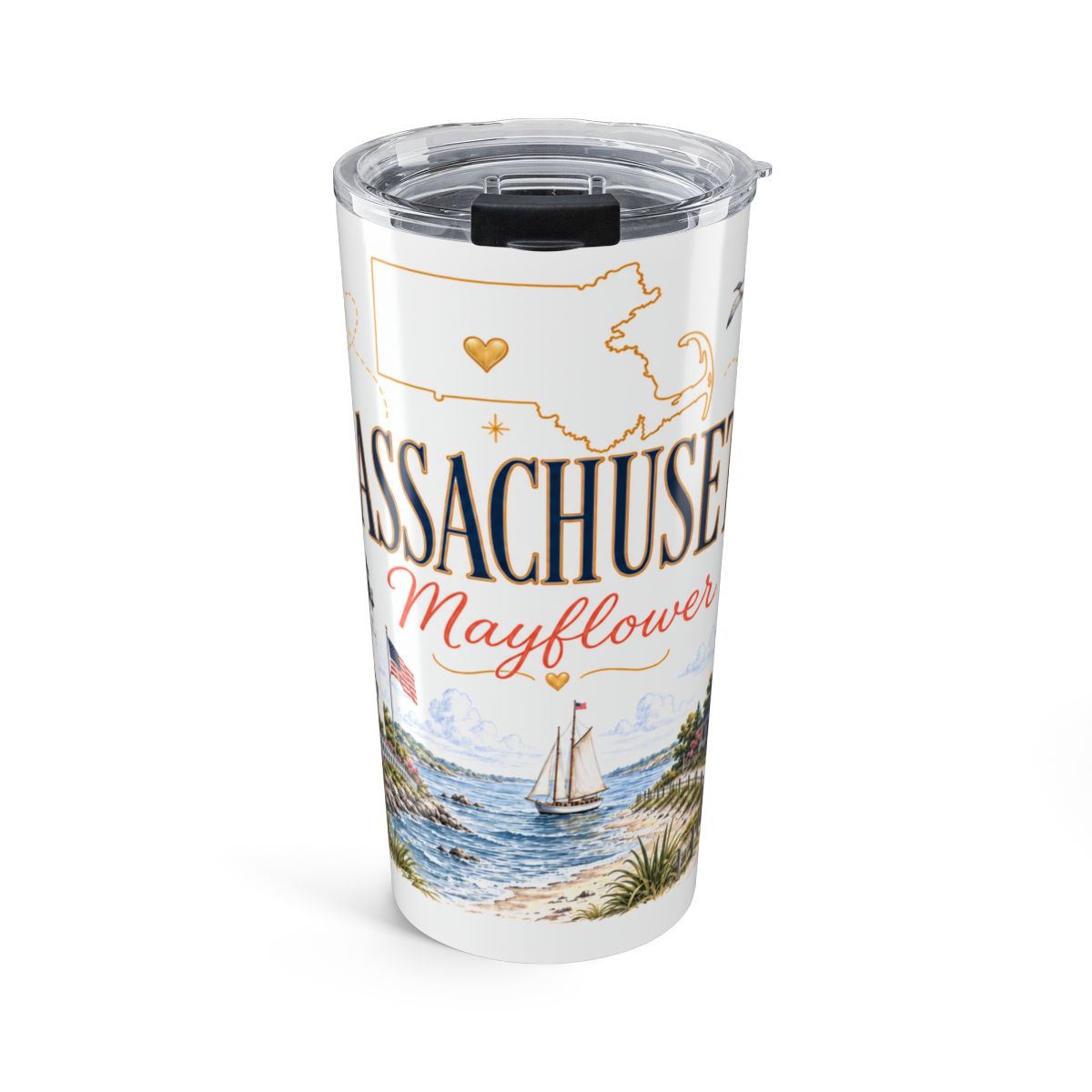 Massachusetts State Flower Tumbler | Mayflower Botanical Travel Cup | 20oz Stainless Steel Gift — front