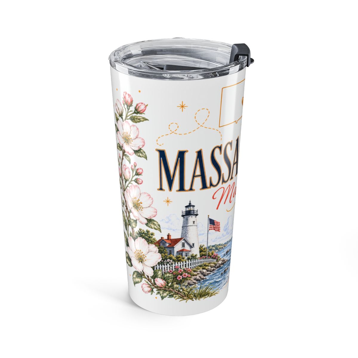 Massachusetts State Flower Tumbler | Mayflower Botanical Travel Cup | 20oz Stainless Steel Gift — left
