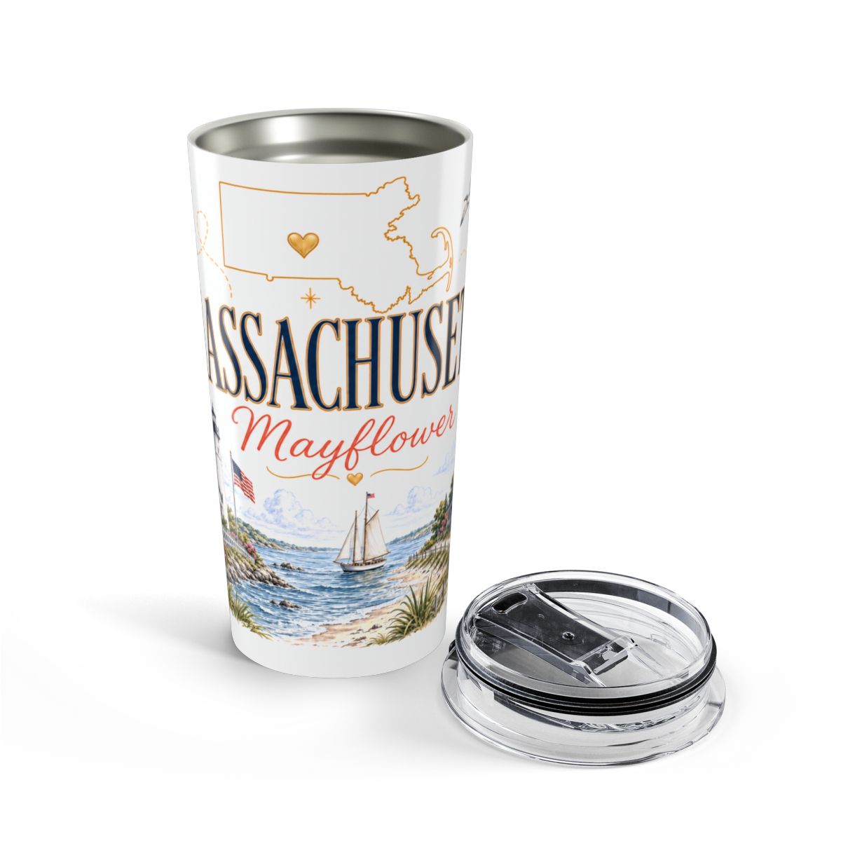 Massachusetts State Flower Tumbler | Mayflower Botanical Travel Cup | 20oz Stainless Steel Gift — opened