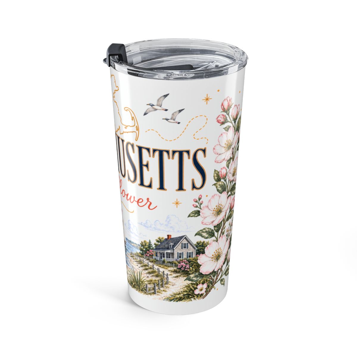 Massachusetts State Flower Tumbler | Mayflower Botanical Travel Cup | 20oz Stainless Steel Gift — right