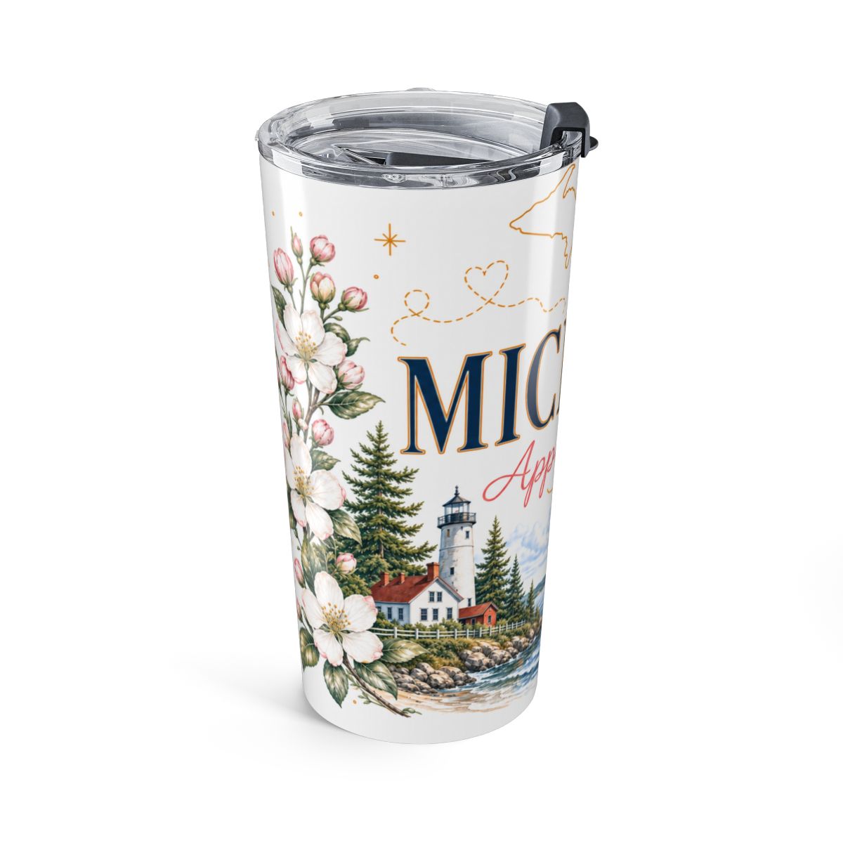 Michigan State Flower Tumbler | Apple Blossom Botanical Travel Cup | 20oz Stainless Steel Gift — left