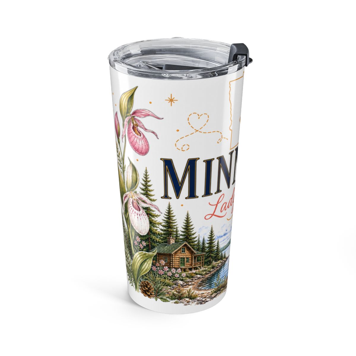 Minnesota Lady Slipper Tumbler | Pink Botanical Travel Cup (20oz Stainless Steel) — left