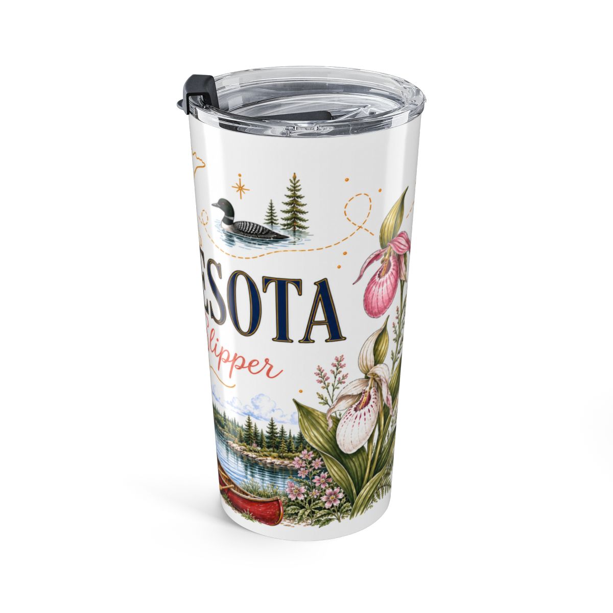 Minnesota Lady Slipper Tumbler | Pink Botanical Travel Cup (20oz Stainless Steel) — right