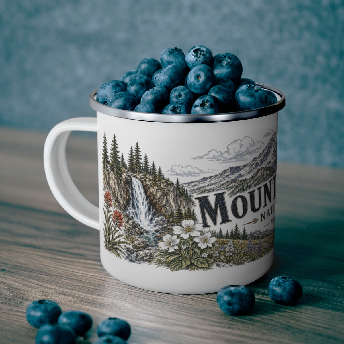 Mount Rainier National Park enamel camping mug outdoor lifestyle scene