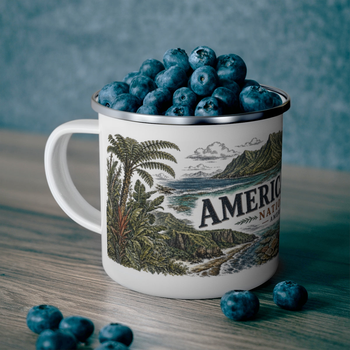 National Park of American Samoa Vintage Enamel Camping Mug | 12oz National Park enamel camping mug outdoor lifestyle scene