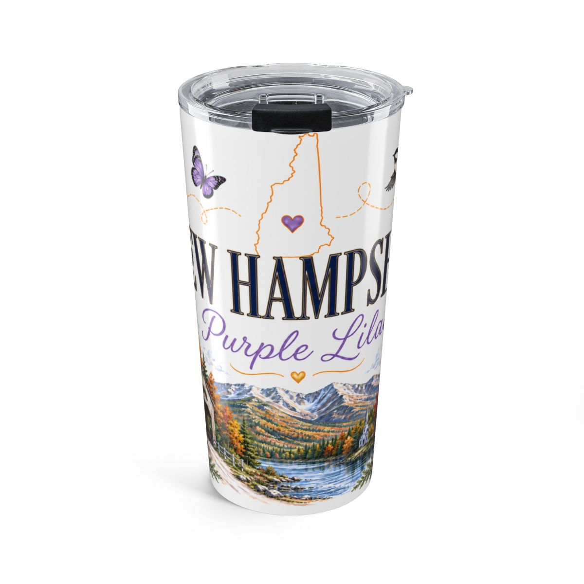 New Hampshire State Flower Tumbler | Purple Lilac Botanical Travel Cup | 20oz Stainless Steel Gift — front
