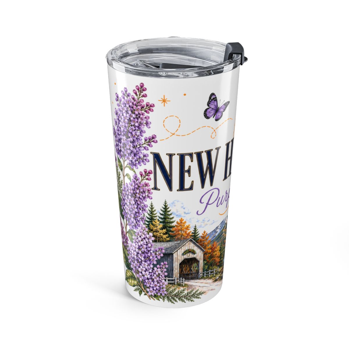 New Hampshire State Flower Tumbler | Purple Lilac Botanical Travel Cup | 20oz Stainless Steel Gift — left
