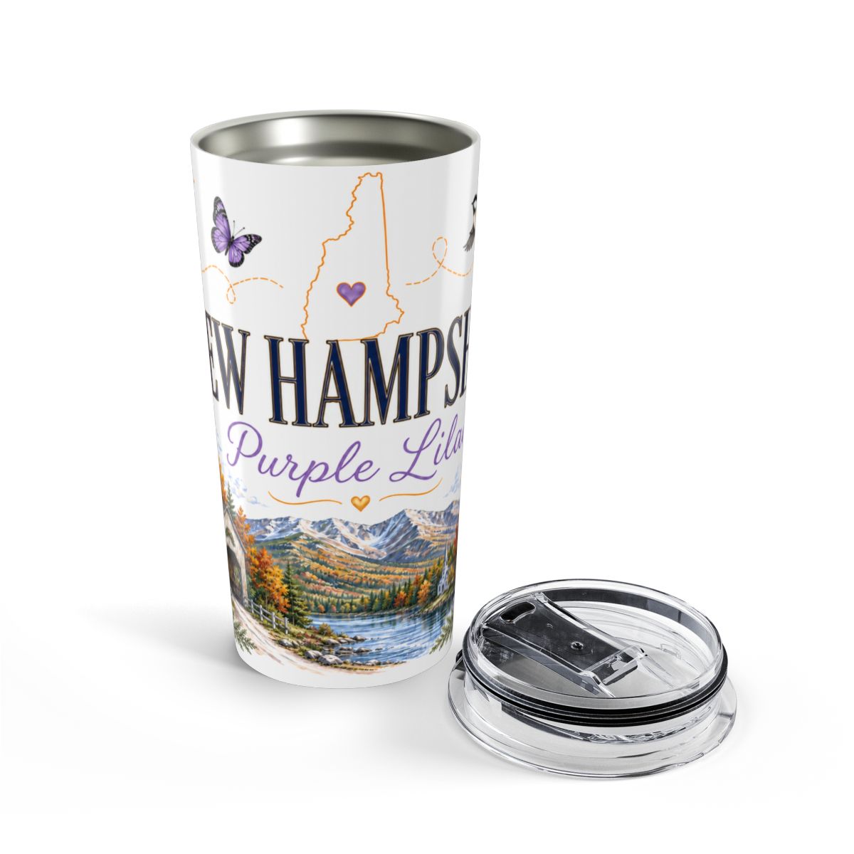 New Hampshire State Flower Tumbler | Purple Lilac Botanical Travel Cup | 20oz Stainless Steel Gift — opened