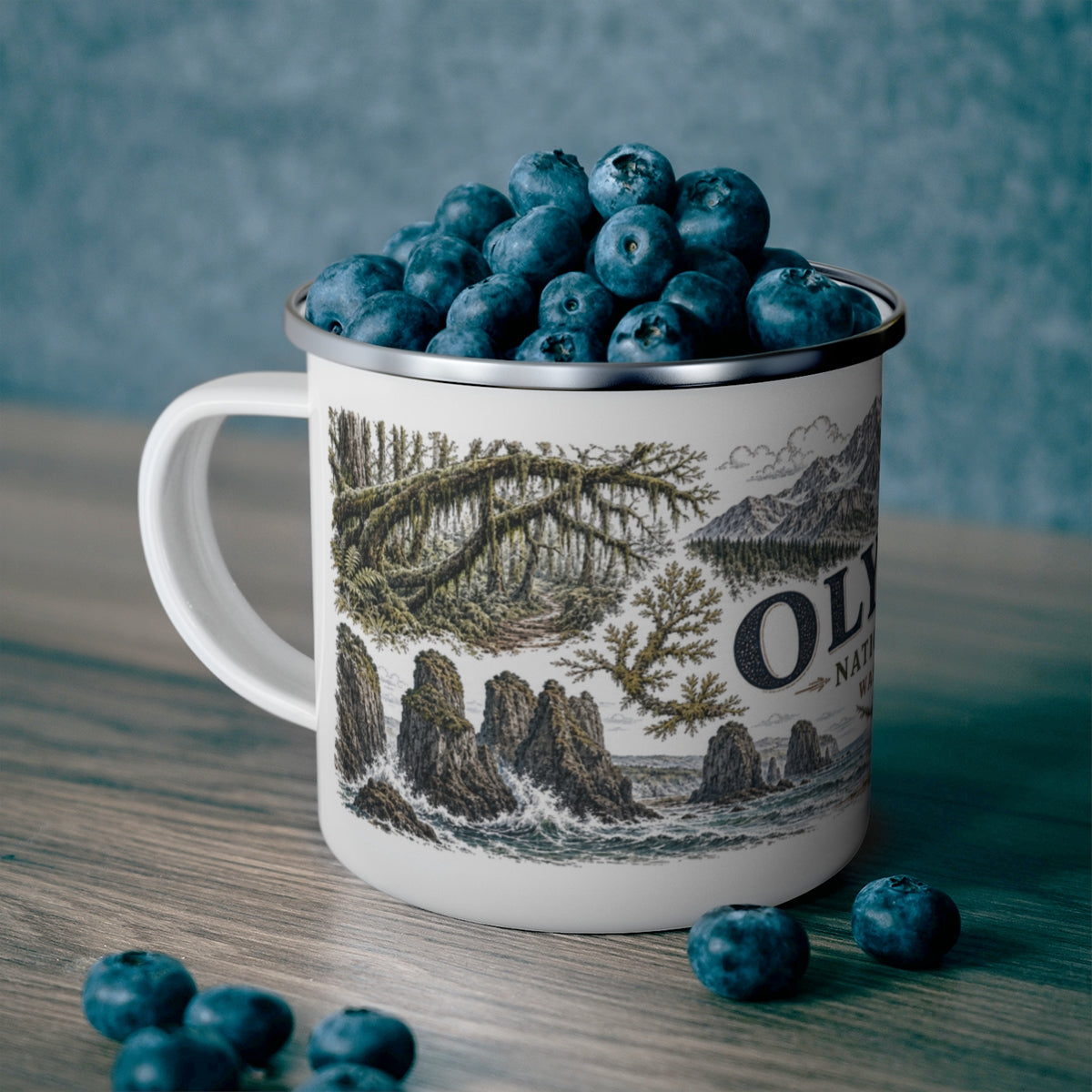 Olympic National Park enamel camping mug outdoor lifestyle scene