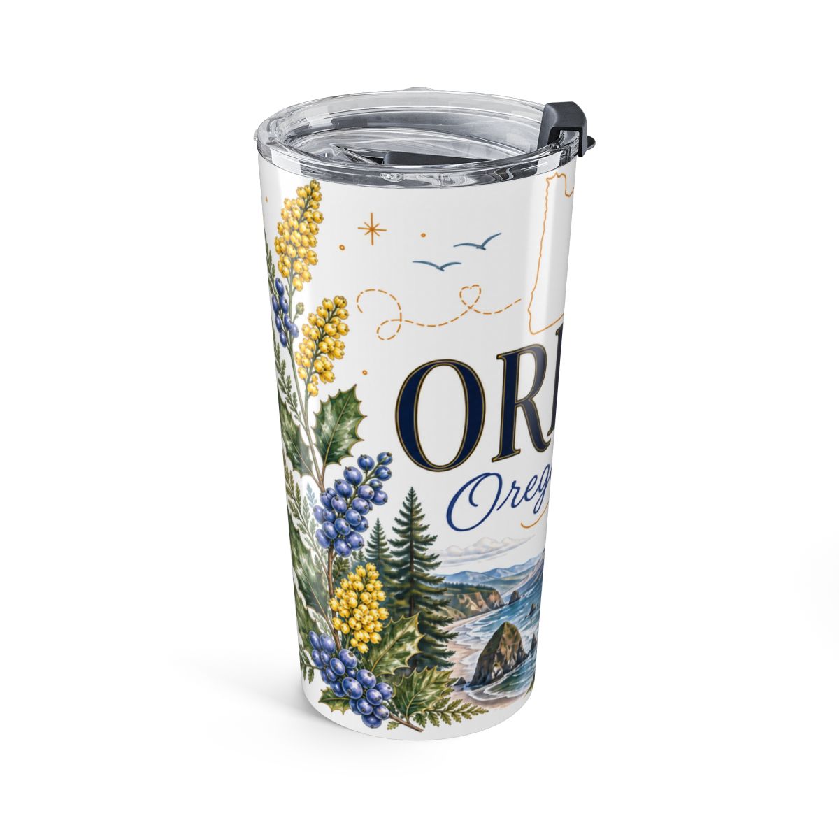 Oregon State Flower Tumbler | Oregon Grape Botanical Travel Cup | 20oz Stainless Steel Gift — left