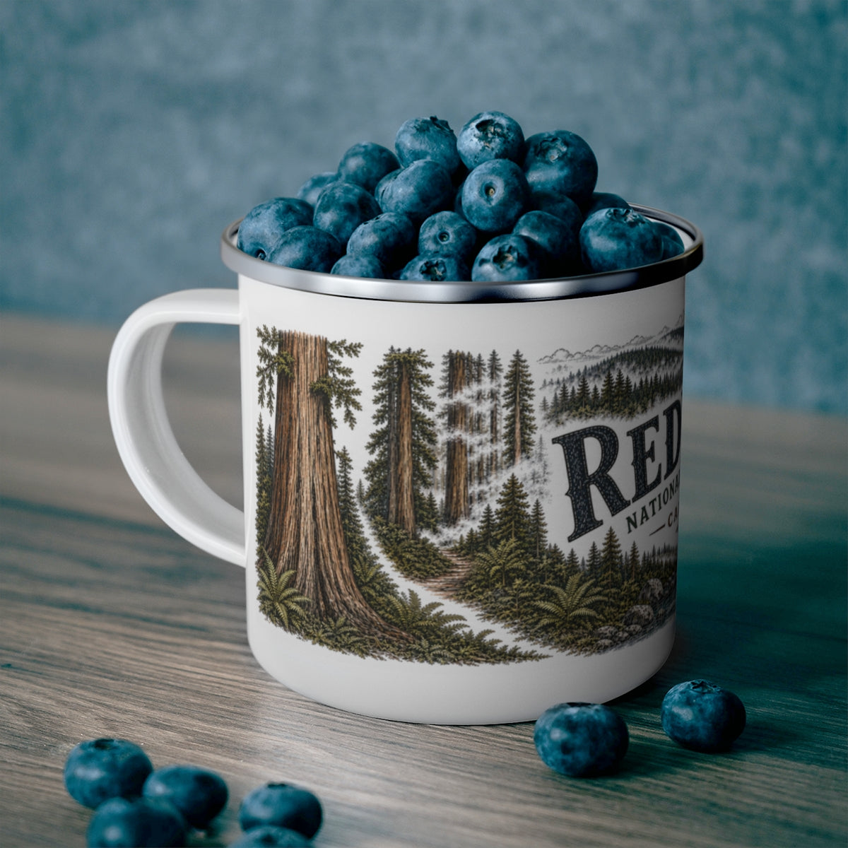 Redwood National Park enamel camping mug outdoor lifestyle scene