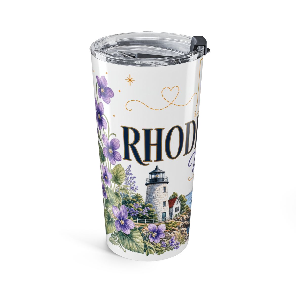 Rhode Island State Flower Tumbler | Violet Botanical Travel Cup | 20oz Stainless Steel Gift — left