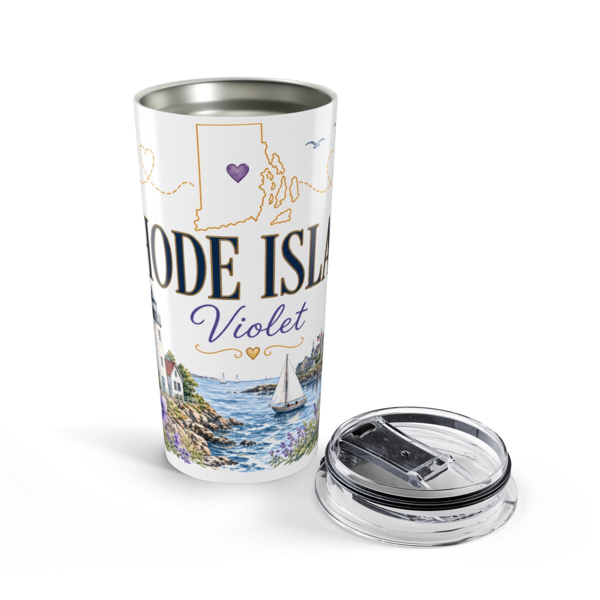 Rhode Island State Flower Tumbler | Violet Botanical Travel Cup | 20oz Stainless Steel Gift — opened