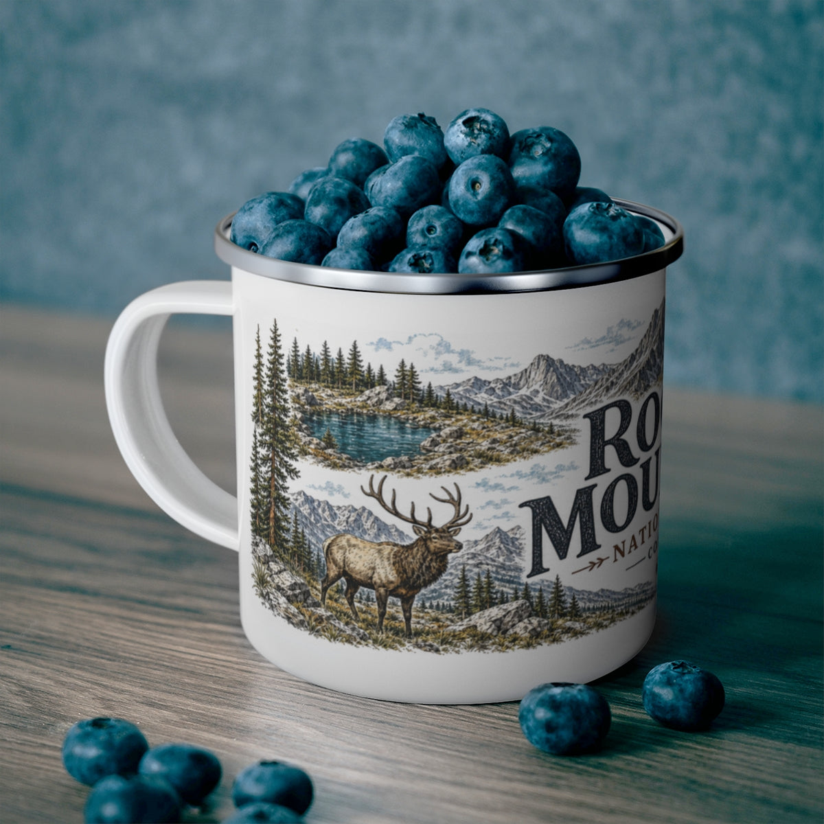 Rocky Mountain National Park enamel camping mug outdoor lifestyle scene