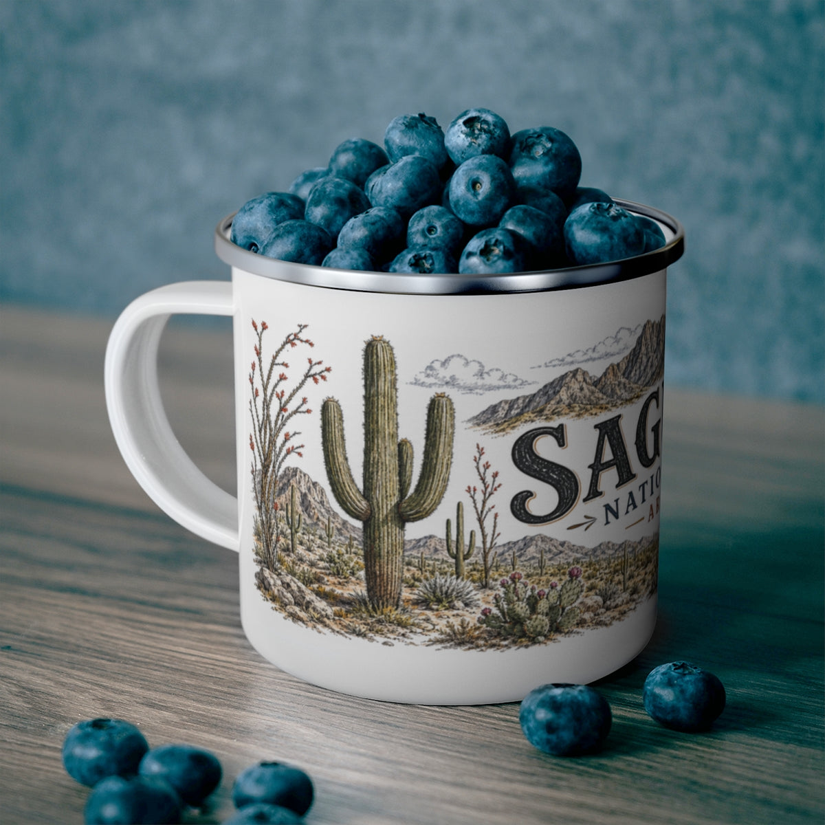 Saguaro National Park enamel camping mug outdoor lifestyle scene