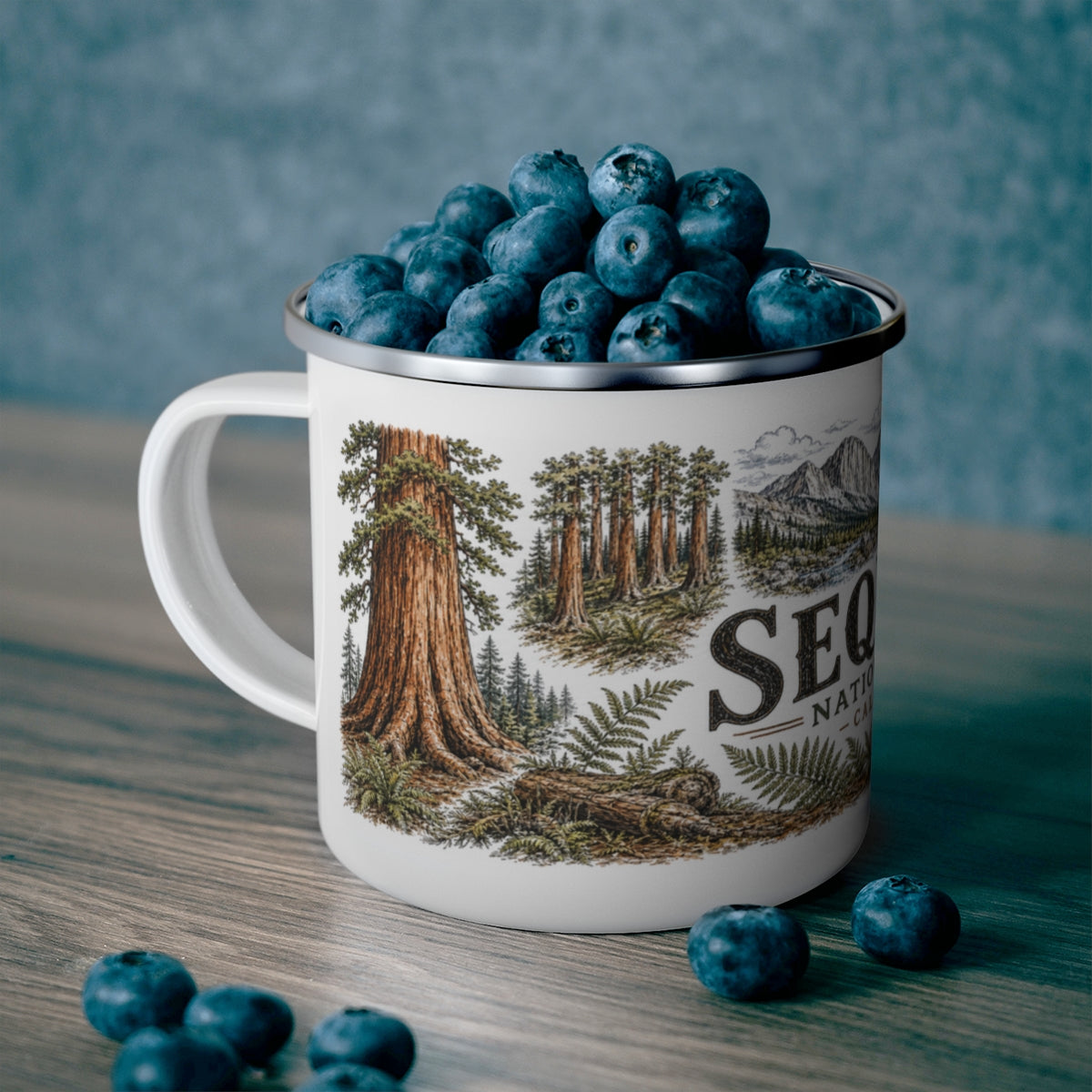 Sequoia National Park enamel camping mug outdoor lifestyle scene