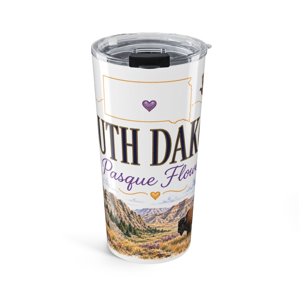 South Dakota State Flower Tumbler | Pasque Flower Botanical Travel Cup | 20oz Stainless Steel Gift — front