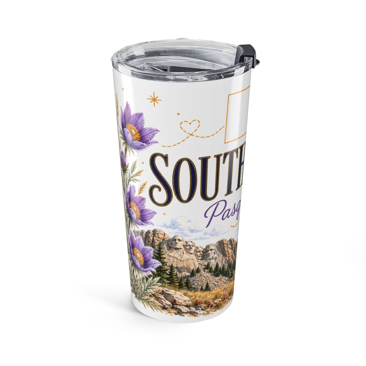 South Dakota State Flower Tumbler | Pasque Flower Botanical Travel Cup | 20oz Stainless Steel Gift — left