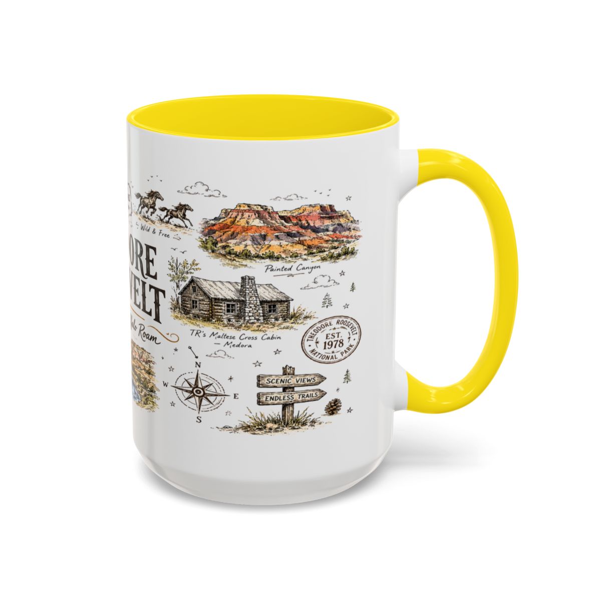 Theodore Roosevelt National Park Coffee Mug | North Dakota Badlands Bison Gift | Accent Color Ceramic 11oz 15oz