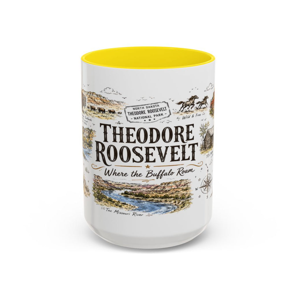 Theodore Roosevelt National Park Coffee Mug | North Dakota Badlands Bison Gift | Accent Color Ceramic 11oz 15oz