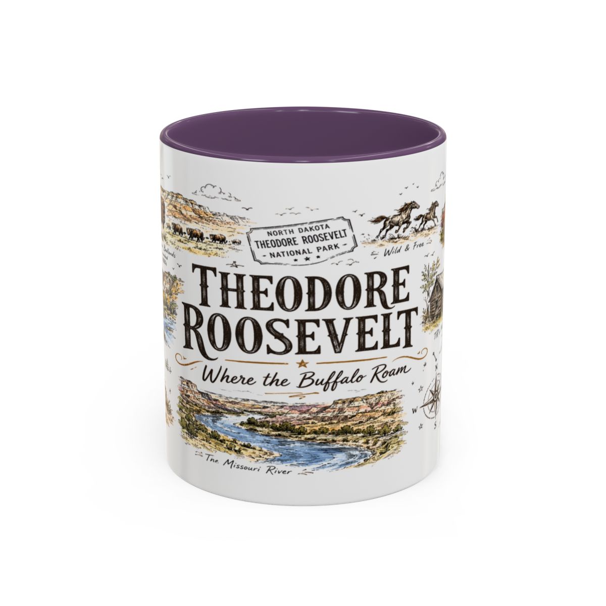 Theodore Roosevelt National Park Coffee Mug | North Dakota Badlands Bison Gift | Accent Color Ceramic 11oz 15oz
