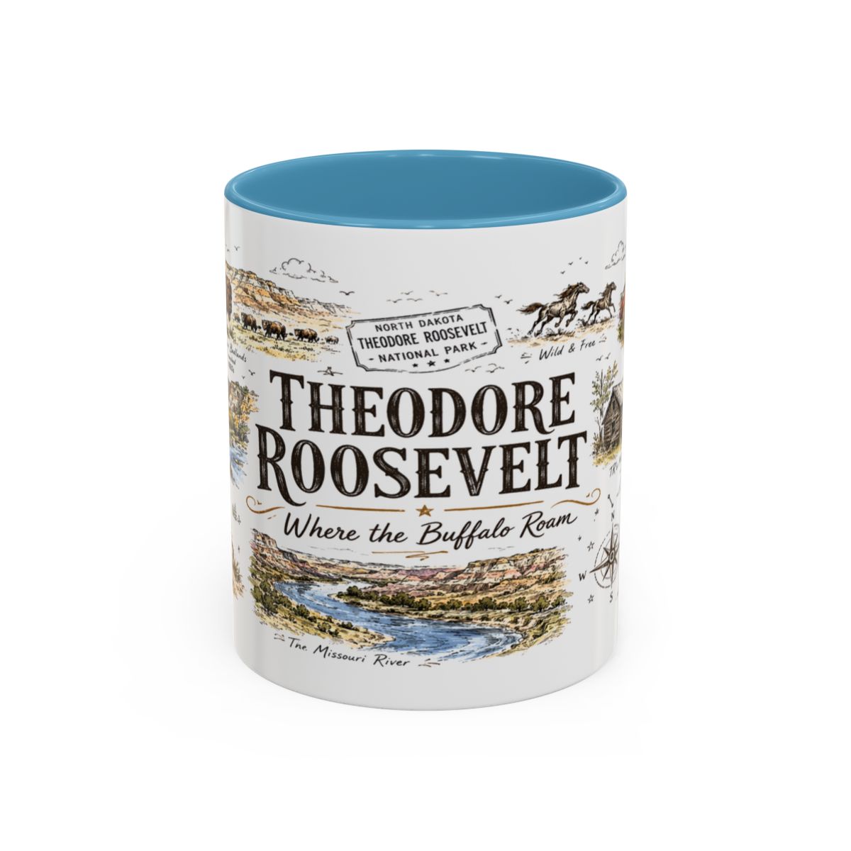 Theodore Roosevelt National Park Coffee Mug | North Dakota Badlands Bison Gift | Accent Color Ceramic 11oz 15oz