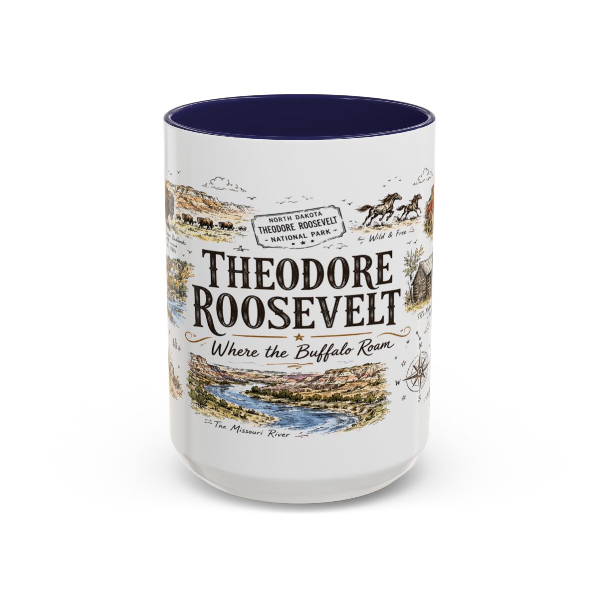 Theodore Roosevelt National Park Coffee Mug | North Dakota Badlands Bison Gift | Accent Color Ceramic 11oz 15oz