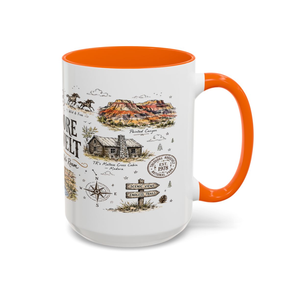 Theodore Roosevelt National Park Coffee Mug | North Dakota Badlands Bison Gift | Accent Color Ceramic 11oz 15oz