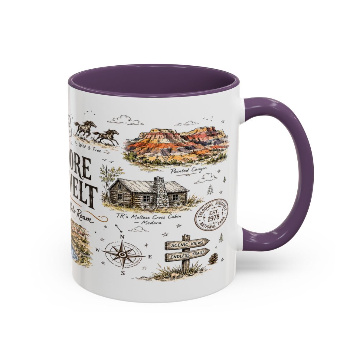 Theodore Roosevelt National Park Coffee Mug | North Dakota Badlands Bison Gift | Accent Color Ceramic 11oz 15oz