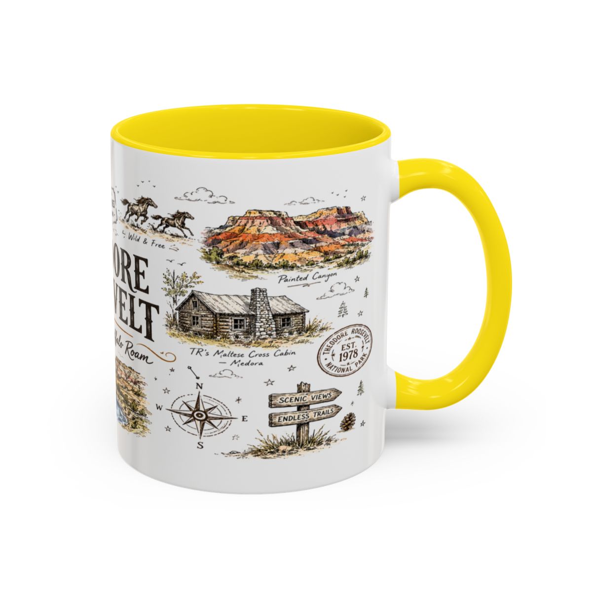 Theodore Roosevelt National Park Coffee Mug | North Dakota Badlands Bison Gift | Accent Color Ceramic 11oz 15oz