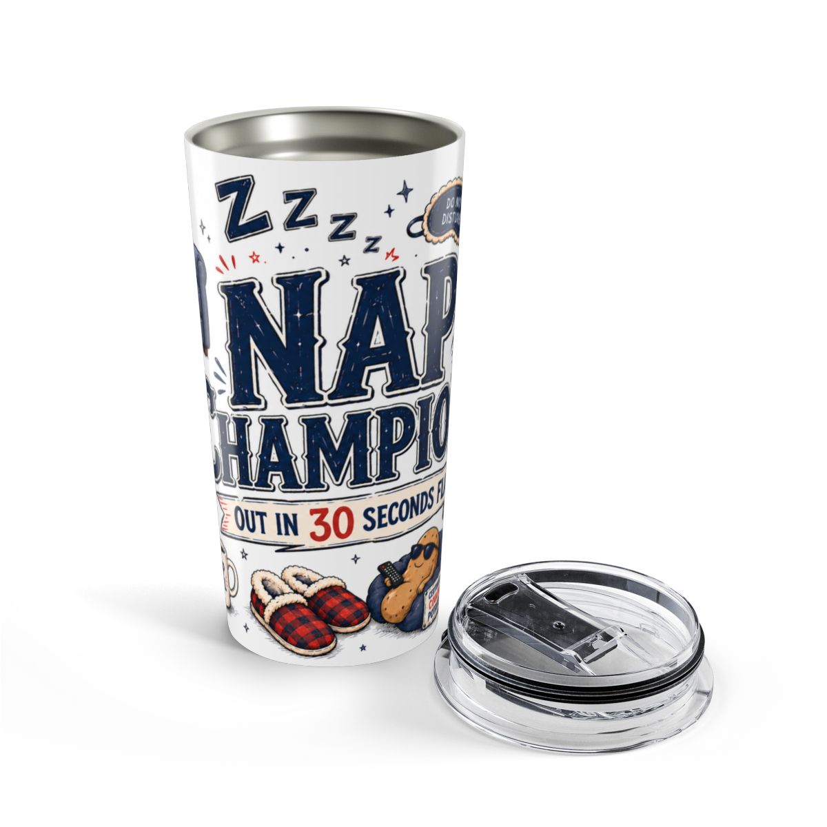 Nap Champion 20oz Tumbler | Father's Day Gift for Dad | Insulated Stainless Steel Travel Cup — opened