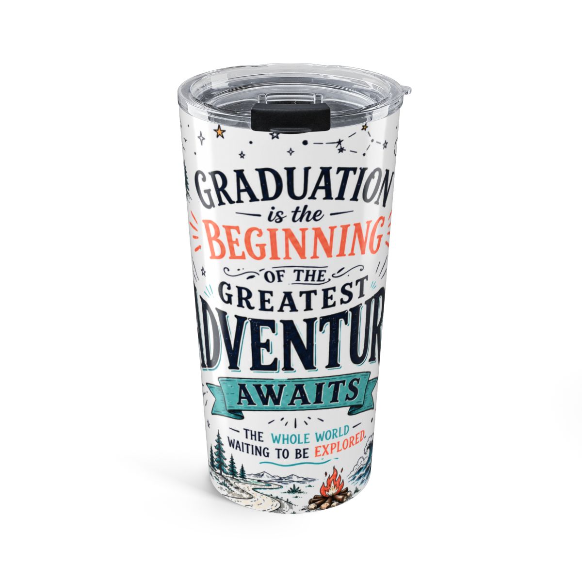 Adventure Awaits 20oz Tumbler | Class of 2026 Graduation Gift | Insulated Stainless Steel Travel Cup — front