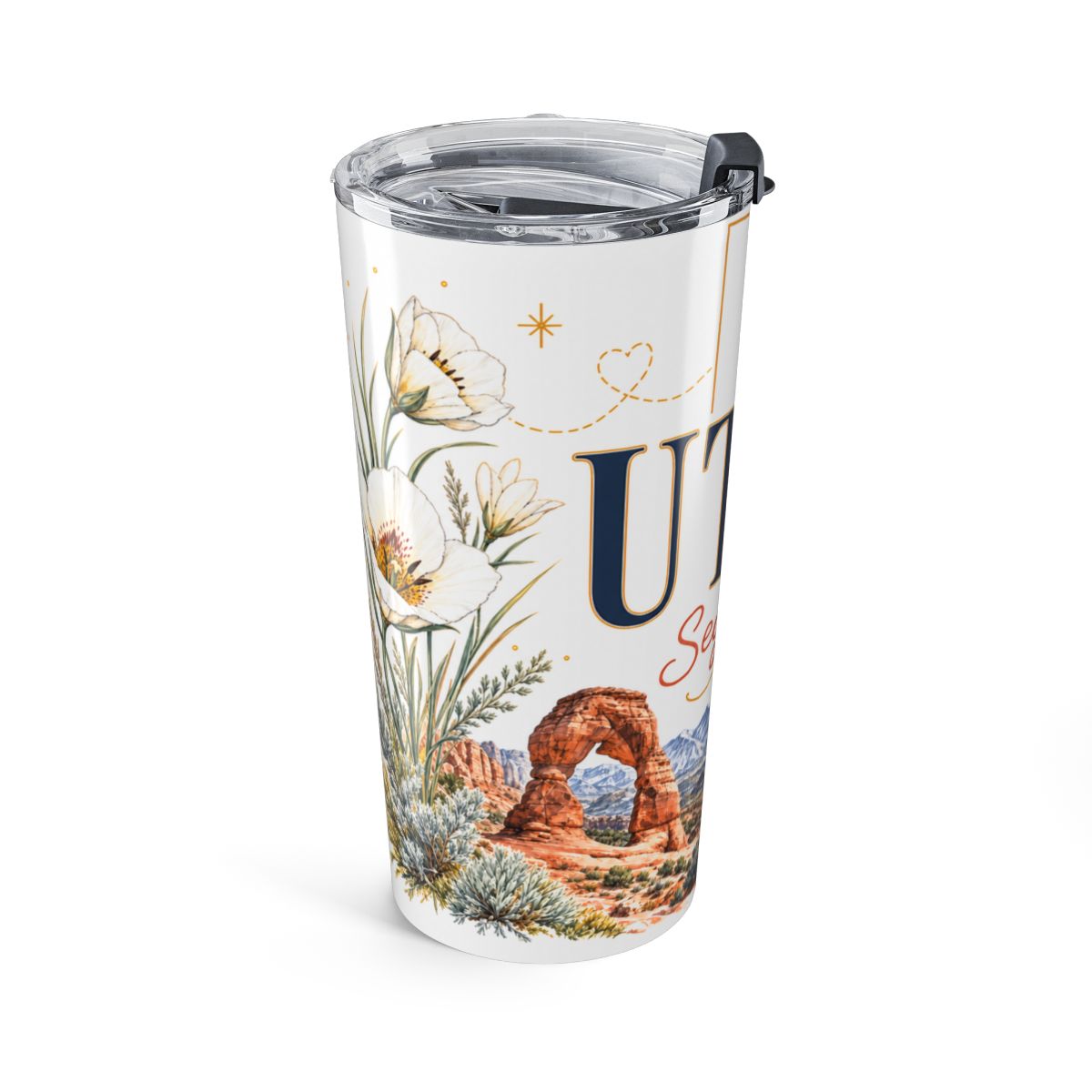 Utah State Flower Tumbler | Sego Lily Botanical Travel Cup | 20oz Stainless Steel Gift — left