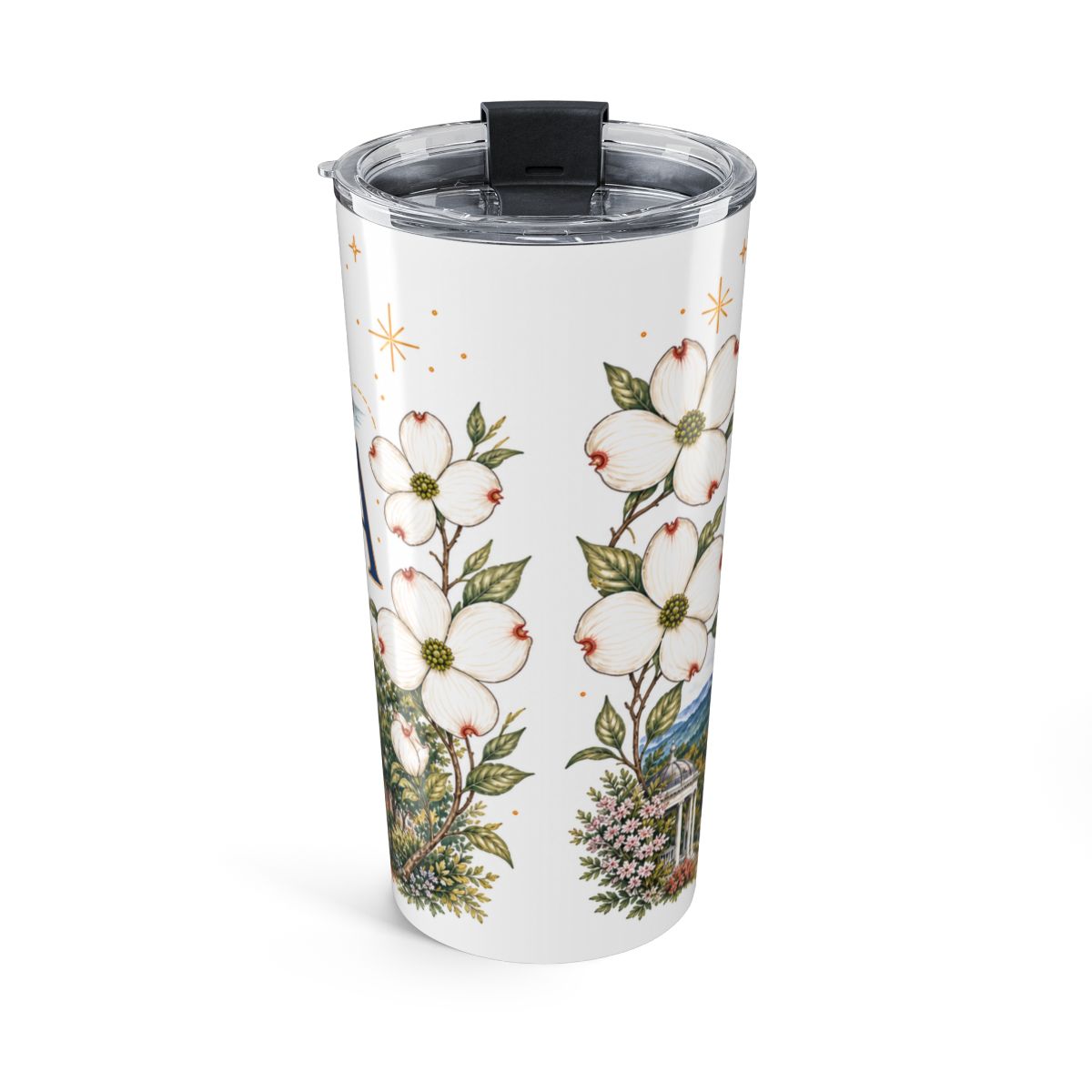 Virginia State Flower Tumbler | American Dogwood Botanical Travel Cup | 20oz Stainless Steel Gift — back