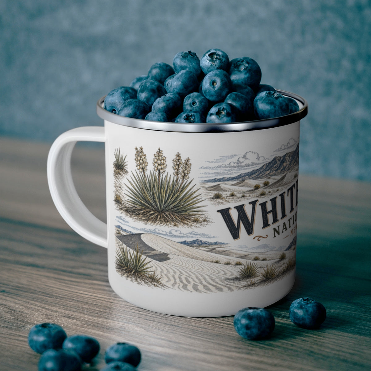 White Sands National Park enamel camping mug outdoor lifestyle scene
