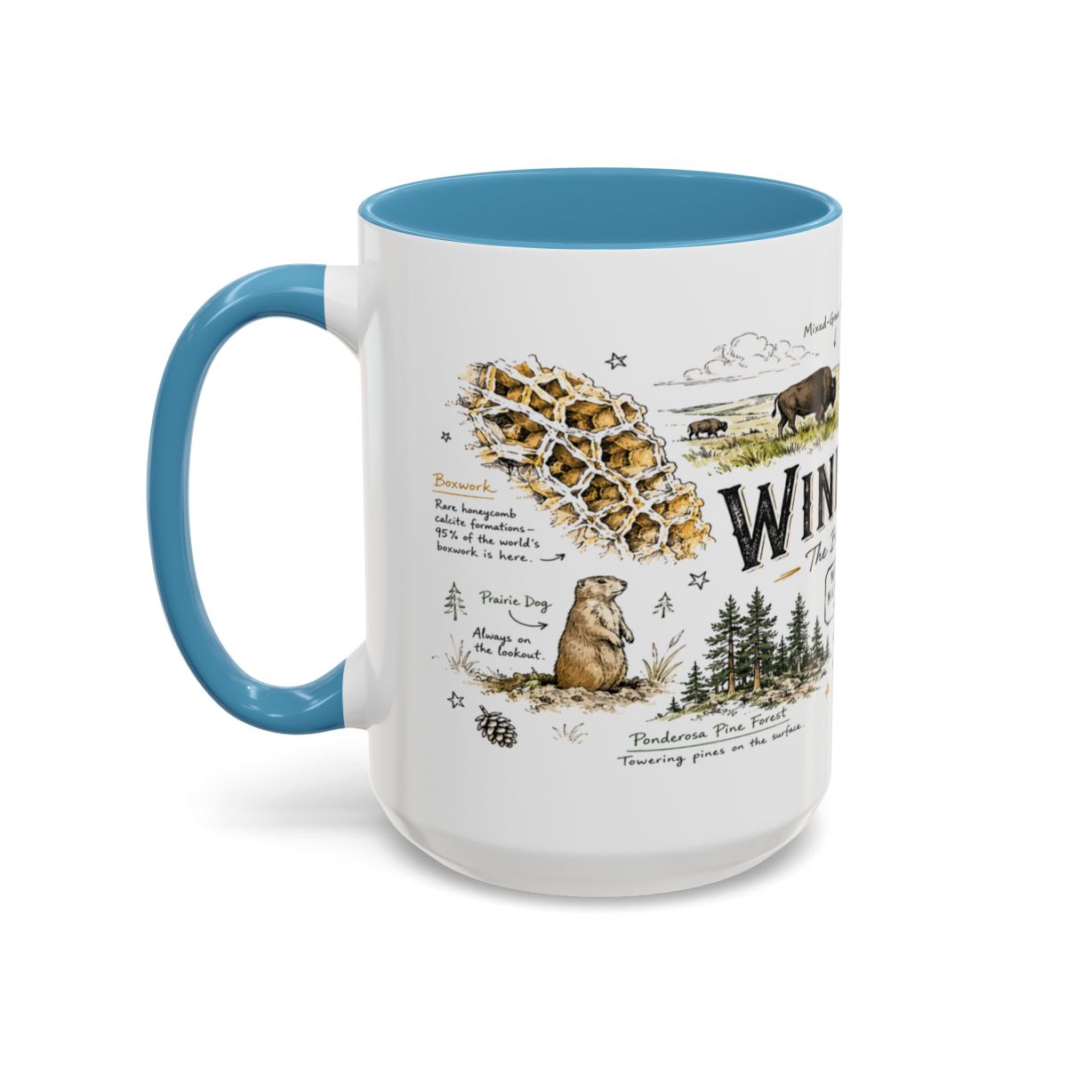 Wind Cave National Park Coffee Mug | South Dakota Cave Bison Prairie Gift | Accent Color Ceramic 11oz 15oz