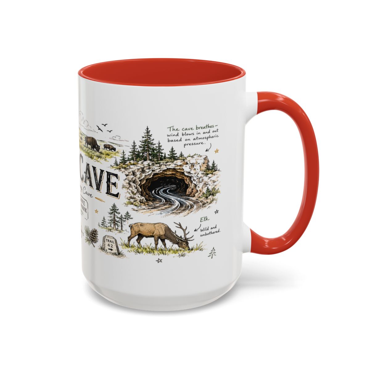 Wind Cave National Park Coffee Mug | South Dakota Cave Bison Prairie Gift | Accent Color Ceramic 11oz 15oz